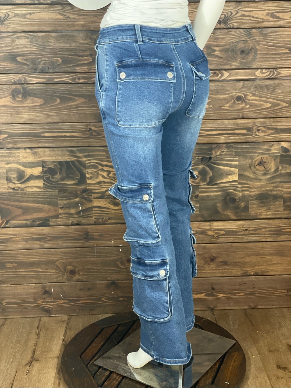 Forever 21 | Flared Wide Leg Utility High-Rise Cargo Denim Jeans Medium Wash - Picture 3 of 6